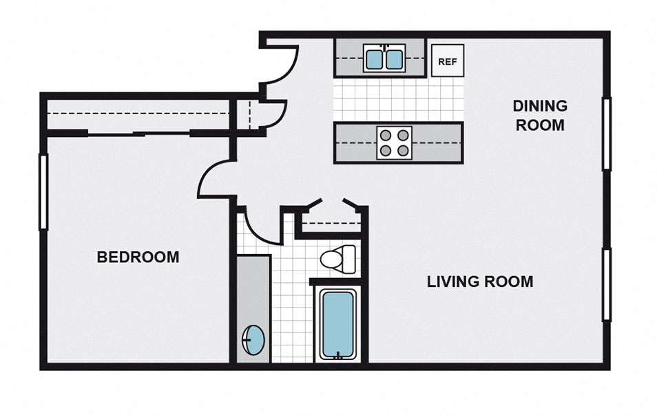 Floor plan for 1 bed, 1 bath, 736 sqft